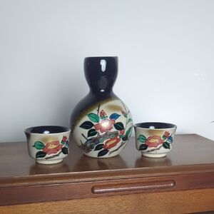 Vintage Japanese Sake Set | Hand Painted Tokkuri Bottle + 2 Ochoko Cups